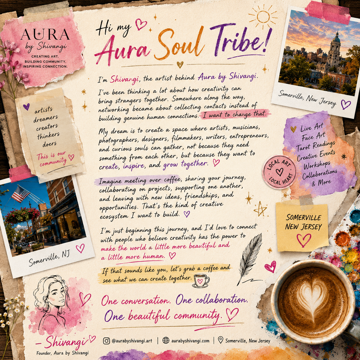 Aura Soul Tribe collage — a handwritten letter from Shivangi inviting artists, dreamers, and creators in Somerville, New Jersey to gather, create, and grow together
